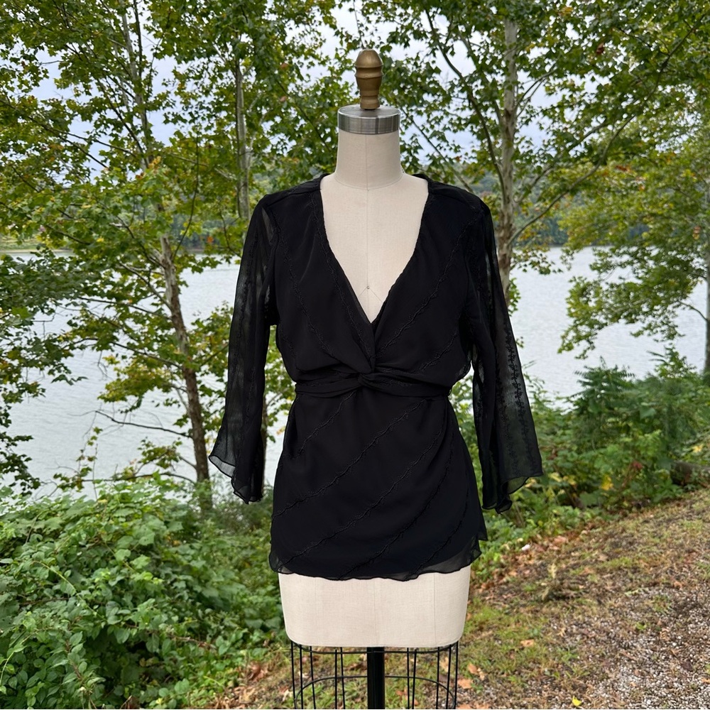 Beautiful V-Neck Empire Waist Black Sheer Lined Blouse XL